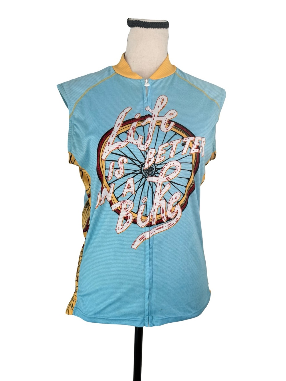Covara Life Is Better On A Bike Sleeveless Cycling Jersey Blue Yellow Size M